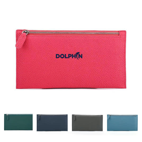 A pink PU leather wallet with a zipper and a logo, featuring four other colour options: green, navy, grey, and teal. Thin PU Leather Long Zipper Wallet - Image 1