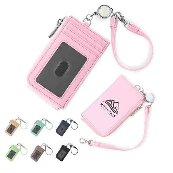 A pink business card holder wallet with wrist strap, featuring multiple card slots and a branding logo. Business Card Holder Wallet With Wrist Strap - Image 1
