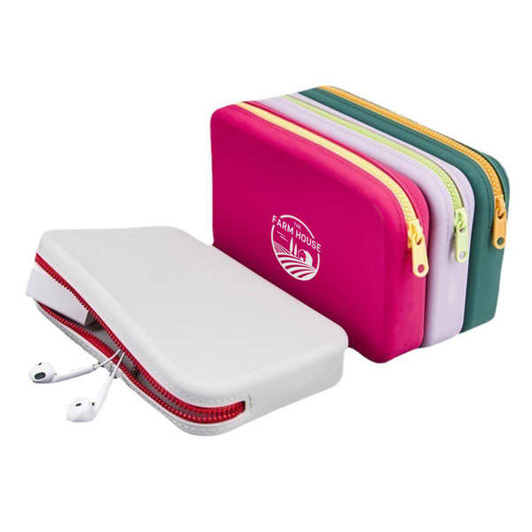Silicone travel cosmetic bags in various colours including pink, green, purple, and grey, featuring a logo. Silicone Travel Cosmetic Bag - Image 1
