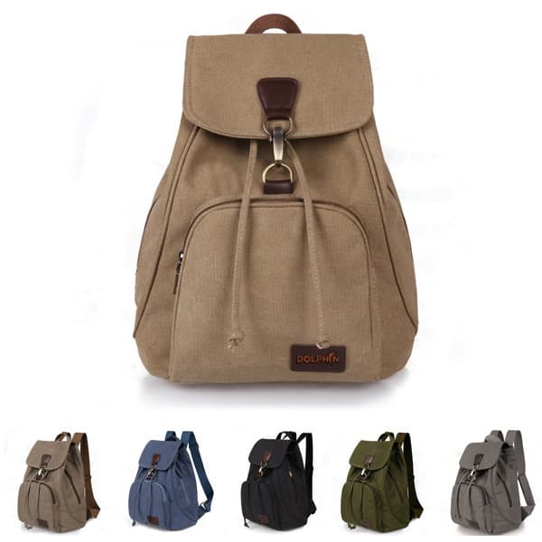 A tan drawstring backpack with a flap closure, featuring a logo and available in grey, blue, black, and green. Travel Canvas Drawstring Backpack - Image 1