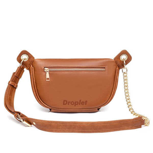 A tan PU crossbody bag for women with a zippered pocket and a detachable chain strap. It features a logo. PU Crossbody Bag For Women - Image 1
