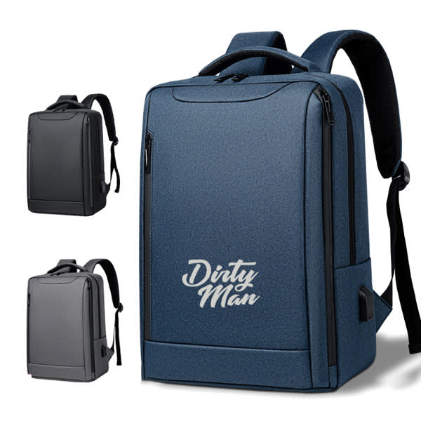 A waterproof laptop backpack in navy blue, featuring multiple compartments and a logo. Two additional backpacks in black. Oxford Cloth Waterproof Laptop Backpack - Image 1