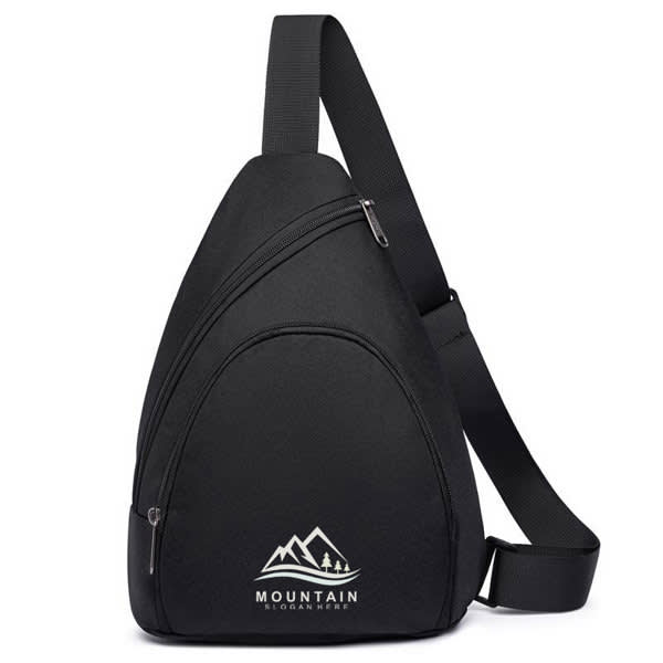 A black sling chest bag with a triangular shape and a logo featuring mountains. It has multiple zippered compartments. Sling Chest Bag For Men - Image 1