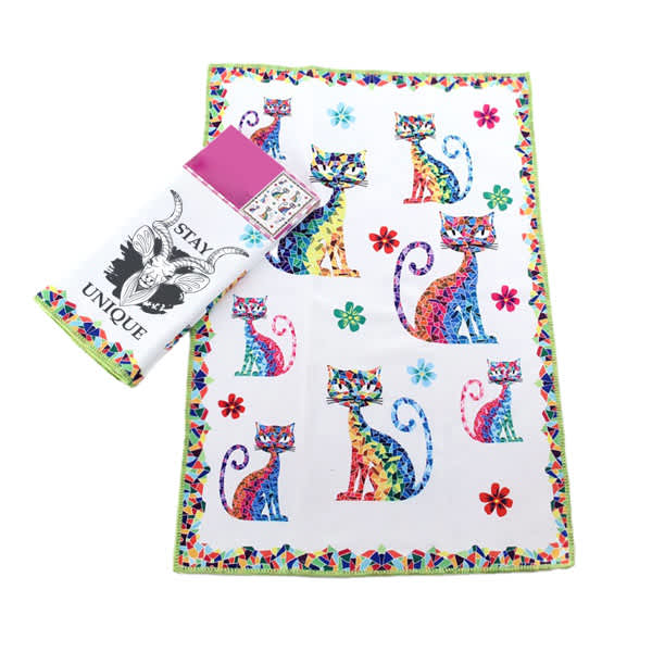A polyester printed kitchen towel featuring colourful cat designs and floral accents, with a matching packaging. Polyester Printed Kitchen Towel - Image 1
