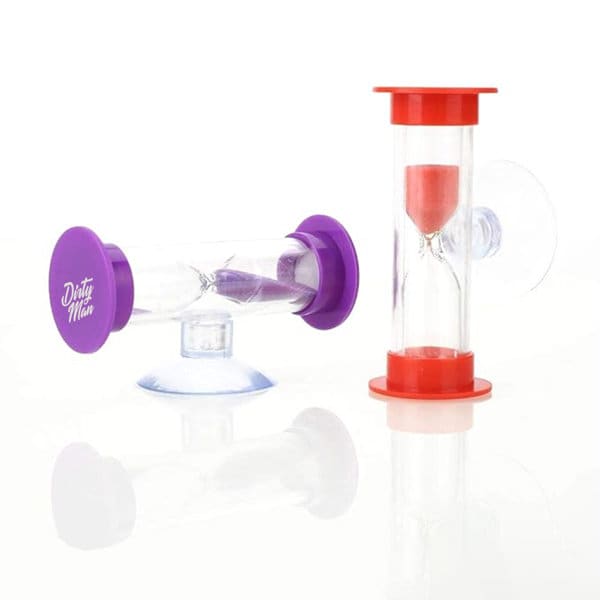 A sand timer featuring purple and red ends, with a clear body showcasing sand in motion. Includes branding. 4 Minutes Sand Timer - Image 1
