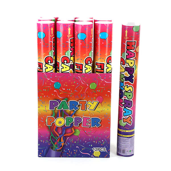 A box of colourful party confetti poppers, featuring vibrant pink and green designs. Seven poppers are visible, with one outside the box. Party Confetti Poppers Cannon - Image 1