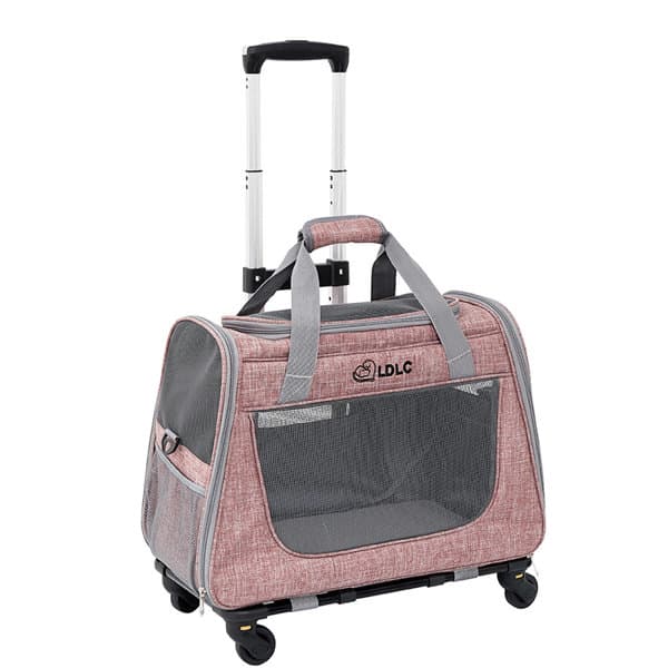A wheeled pet carrier backpack in grey and pink, featuring mesh panels and a retractable handle. It has a logo on the front. Pet Carrier Backpack With Wheels - Image 1