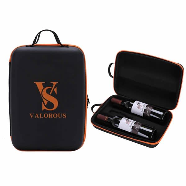 A drink bottle travel bag in black with orange accents, featuring space for two wine bottles and a logo. EVA Wine Bottle Travel Bag - Image 1