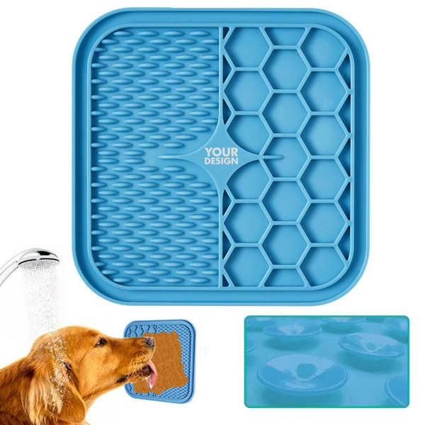 A blue silicone lick mat with various textured surfaces for pets, featuring a hexagonal section and a spatula. 2 Pcs Pet Silicone Lick Mat With Spatula - Image 1