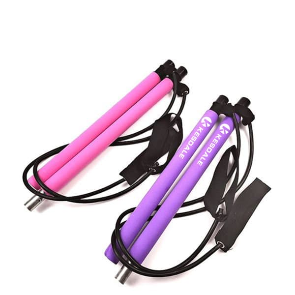 A portable exercise yoga Pilates bar with pink and purple foam grips, featuring straps and a sturdy frame. Portable Exercise Yoga Pilates Bar - Image 1