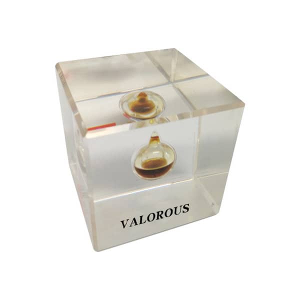 A clear acrylic paperweight with two small oil droplets encased inside, featuring an embossed logo. Oil Paper Weight Barrel - Image 1