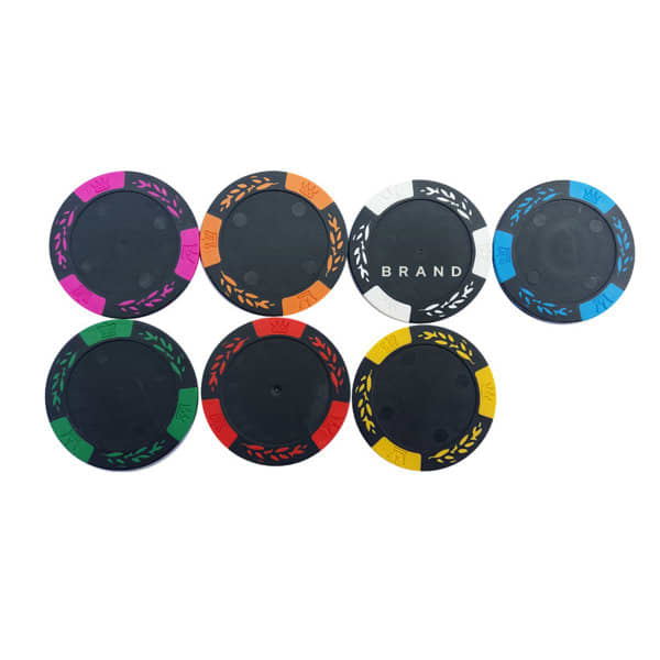 A set of clay poker chips in various colours including pink, black, green, orange, blue, yellow, and white, featuring a logo. Clay Poker Chips - Image 1