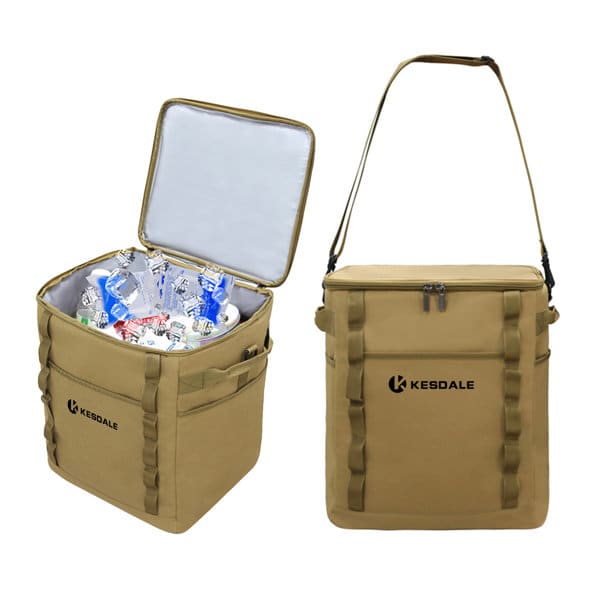 A tan double layer insulated picnic bag with a top zip and a shoulder strap, filled with drink bottles. It has a logo. Double Layer Insulated Picnic Bag - Image 1