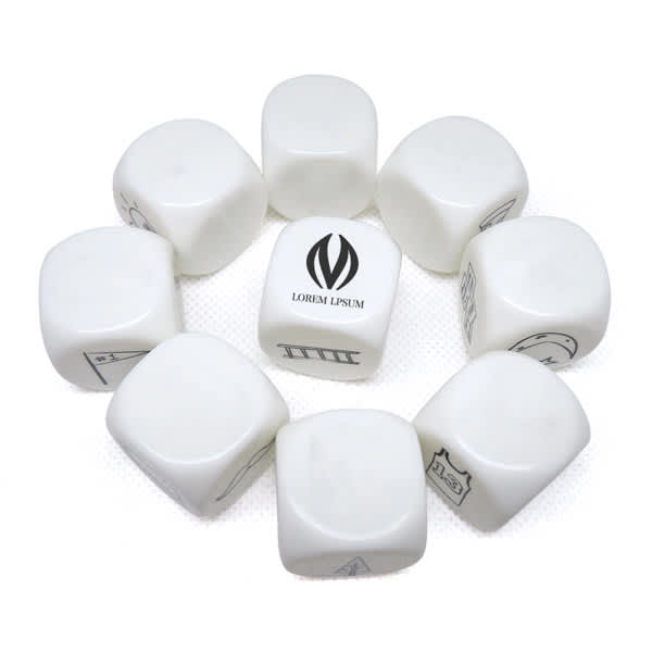 A set of white acrylic dice featuring various designs, arranged in a circular pattern with a logo on one die. Custom Acrylic Dice Set - Image 1