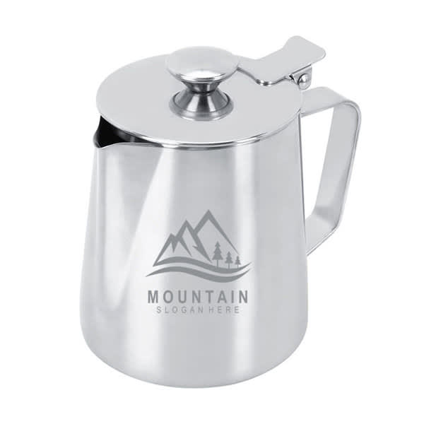 A stainless steel milk frothing jug with a lid, featuring a handle and a logo. Ideal for frothing milk. 25 oz. Milk Frothing Jug With Lid - Image 1