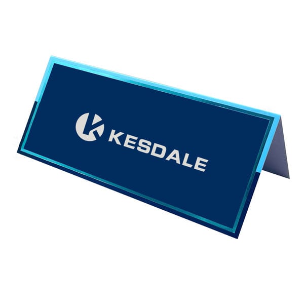 A custom header card in blue with a branding logo on the front, featuring a sleek triangular design. Custom Header Card - Image 1