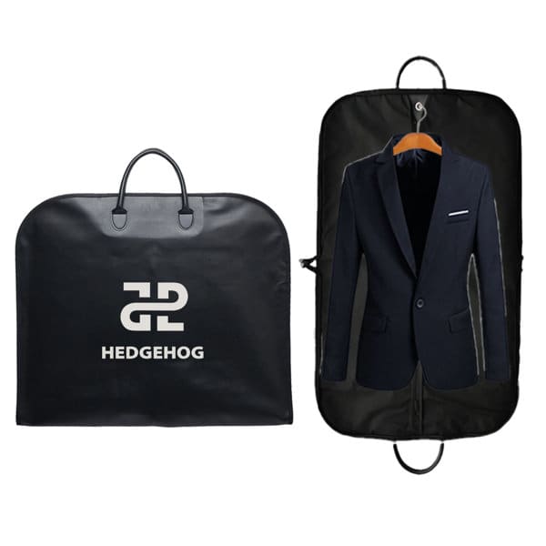 A black PU hanging garment bag with a logo, featuring a suit displayed inside. PU Hanging Garment Bag - Image 1