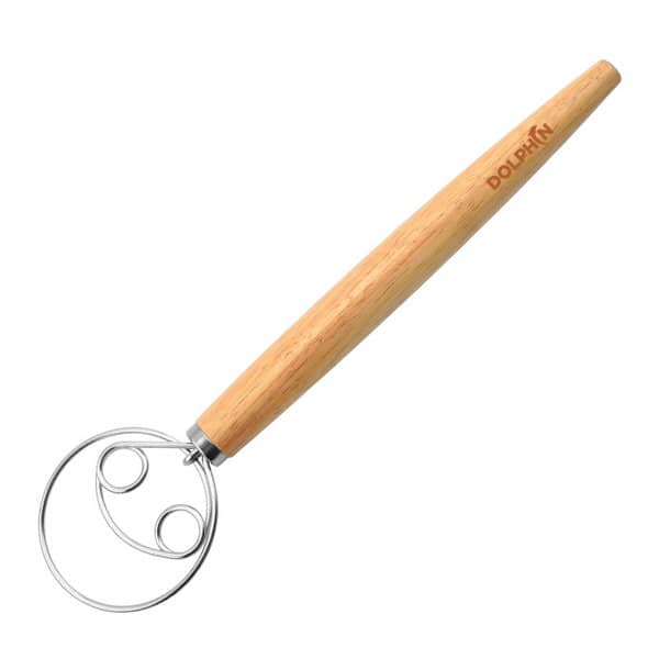 A stainless steel dough mixer stick with a wooden handle and a circular wire whisk end, featuring a logo. Stainless Steel Dough Mixer Stick - Image 1
