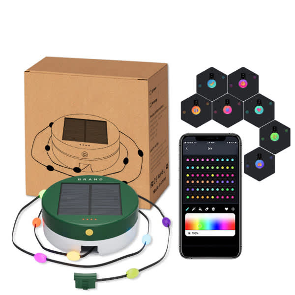 A solar camping string light in green with multicoloured bulbs, packaged with a smartphone for colour control. Solar Camping String Light - Image 1