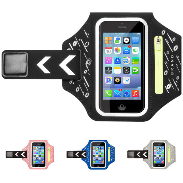 A black touch screen running arm bag with a clear pocket for a smartphone and a logo. Available in pink, blue, and black. Touch Screen Running Arm Bag - Image 1