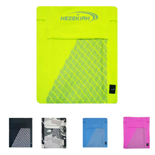 A bright yellow running arm bag with a patterned design, featuring a logo. Includes variants in black, camouflage, blue, and pink. Running Arm Bag - Image 1