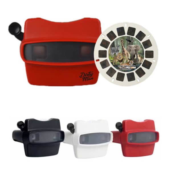 A red 3D viewer with a reel featuring various images, accompanied by black, white, and another red viewer option. Custom 3D Viewer With Reel - Image 1