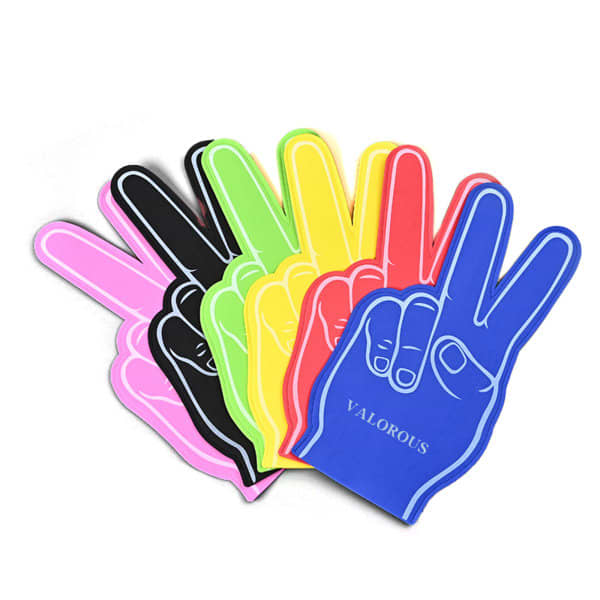 A set of EVA foam cheering fingers in pink, black, yellow, green, and blue, featuring a peace sign design. EVA Foam Cheering Finger - Image 1