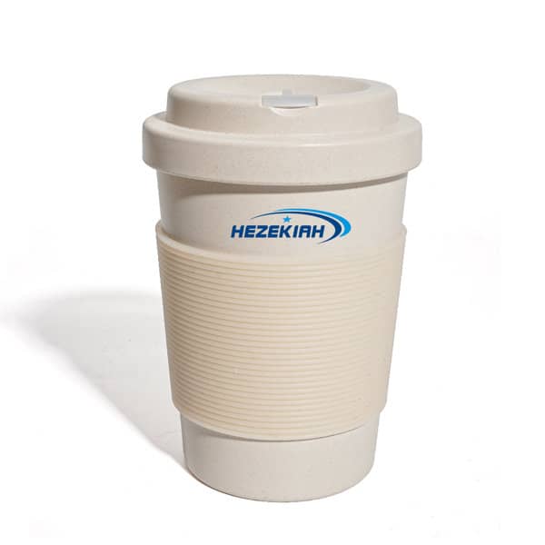 A cream-coloured non-slip coffee cup with a textured sleeve and a lid, featuring a logo. 12 oz. Non-slip Coffee Cup - Image 1