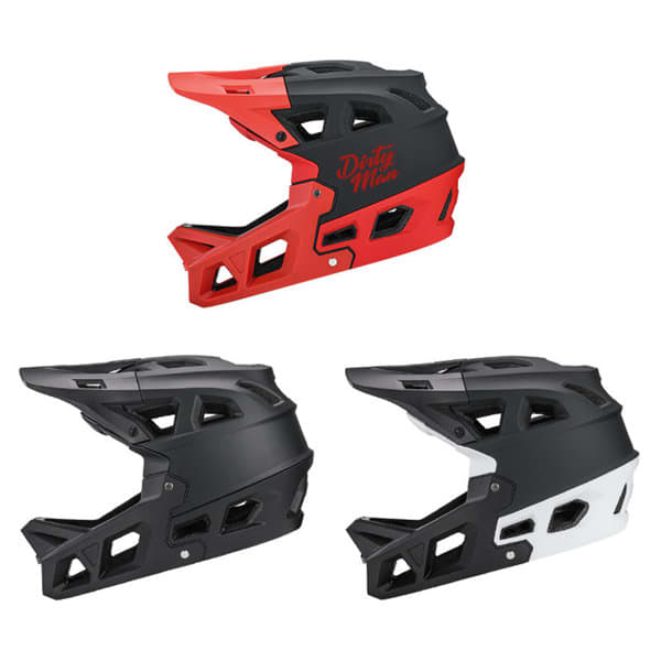 A set of adult motocross helmets in black, red, and a combination of black and white, with a logo on each. Adult Motocross Helmet - Image 1