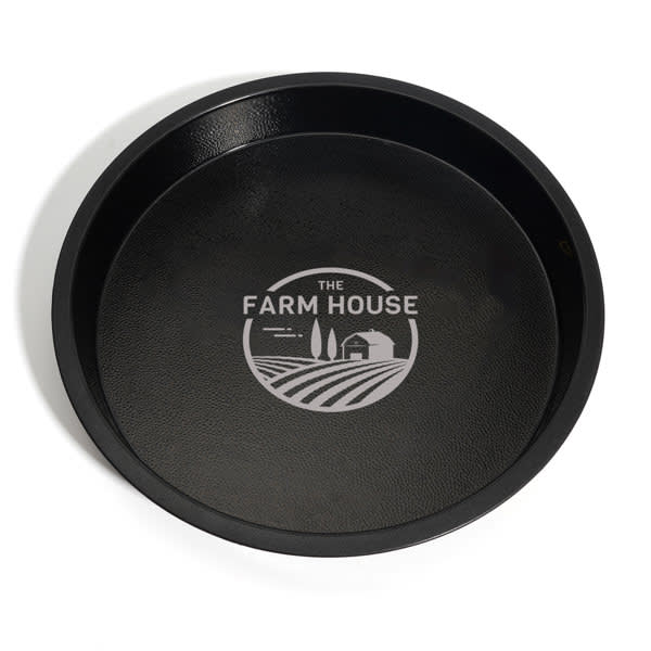 A round black plastic non-slip wine serving tray featuring a logo in the centre. 36 x 5 cm Plastic Non-slip Wine Serving Tray - Image 1