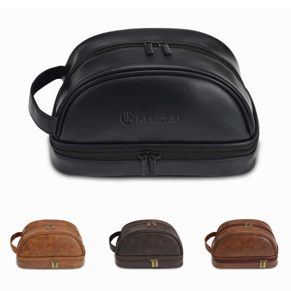 A black PU leather travel toiletry bag with dual zip compartments, accompanied by brown and tan versions. PU Leather Travel Toiletry Bag - Image 1