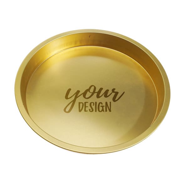 A round gold tinplate bar tray with a smooth, reflective surface and a space for custom design. Custom Tinplate Bar Tray - Image 1