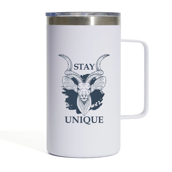 A drink bottle featuring a white stainless steel design with a handle and a logo depicting a goat's head. 24 oz. Stainless Steel Cup With Handle - Image 1