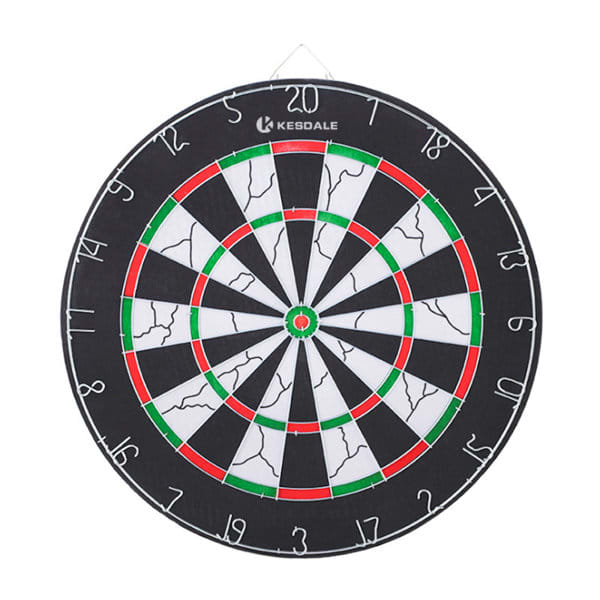 A double-sided dart board in black, white, green, and red, featuring a circular design with numbered sections and a logo. Double-sided Dart Board - Image 1