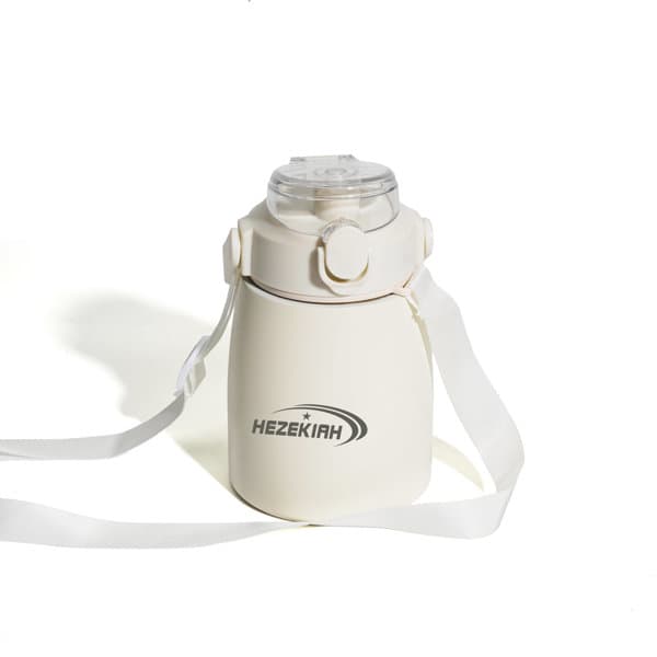 A drink bottle in cream colour with a clear lid and a strap, featuring a logo. 28 oz. Large Capacity Stainless Steel Mug - Image 1