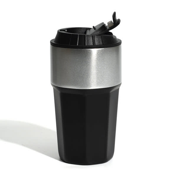 A stainless steel coffee cup with a black body and silver band, featuring a lid with a spout and a logo. 16 oz. Stainless Steel Coffee Cup - Image 1