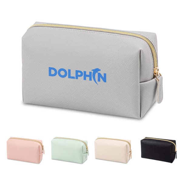 A Portable PU Cosmetic Bag in grey with a zip closure, featuring a logo. Also available in pink, mint, cream, and black. Portable PU Cosmetic Bag - Image 1
