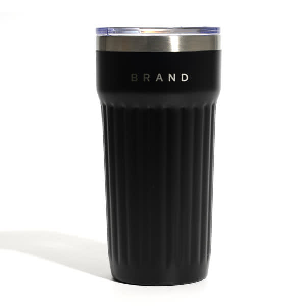 A drink bottle with a ribbed black exterior, transparent lid, and metal trim, featuring a logo. 20 oz. Coffee Cup With Transparent Lid - Image 1