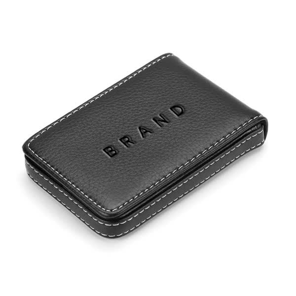 A black PU leather business card holder with white stitching and a logo on the front. PU Leather Business Card Holder - Image 1