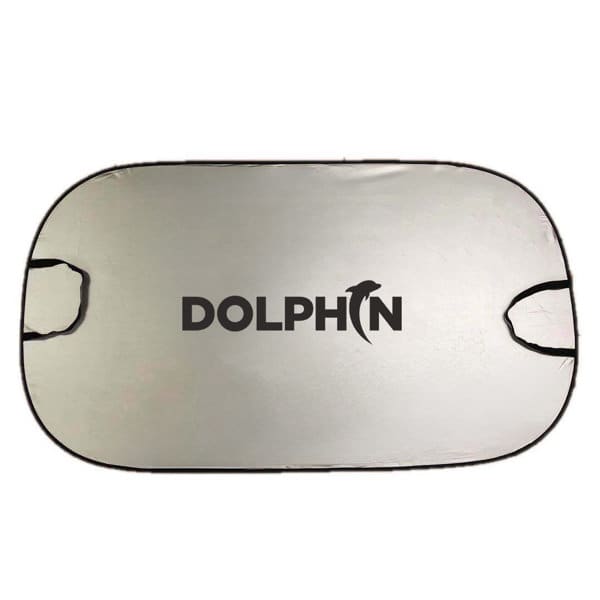 A custom car windshield sun shade in silver with a black logo. Features two openings for easy installation. Custom Car Windshield Sun Shade - Image 1