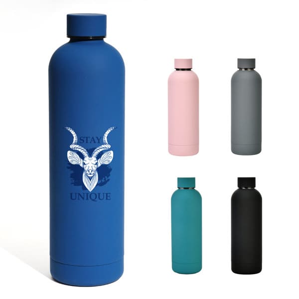 A drink bottle featuring a blue stainless steel design, with pink, grey, black, and teal options displayed alongside. 34 oz. Stainless Steel Water Bottle - Image 1