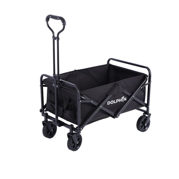A black folding outdoor camping wagon with a sturdy frame and wheels, featuring a handle for easy transport. Folding Outdoor Camping Wagen - Image 1