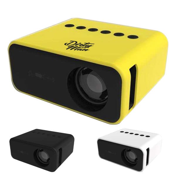 A portable pocket projector in yellow, with black and white models displayed nearby. It has a sleek design and a logo. Portable Pocket Projector - Image 1