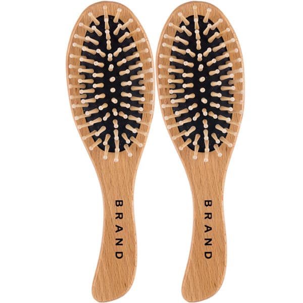 A sustainable bamboo hair brush with a natural wooden finish and black bristles, featuring a logo. Sustainable Bamboo Hair Brush - Image 1