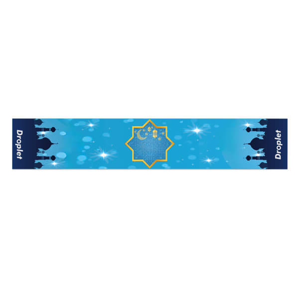A long table runner in blue with decorative elements and a central design, featuring a logo on the sides. Custom Long Table Runner - Image 1