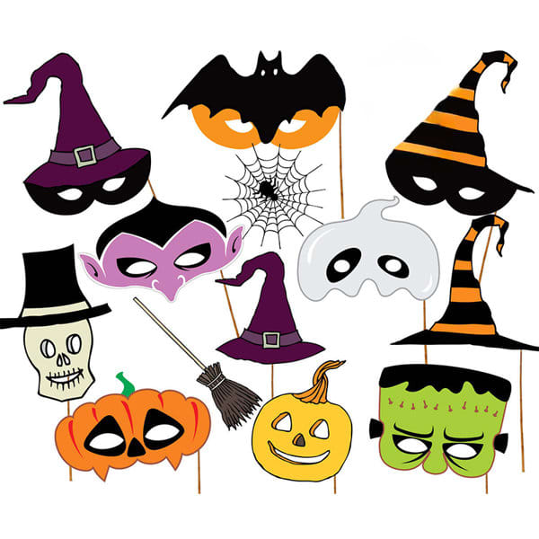 A collection of 12 Halloween photo booth props, including hats, masks, a pumpkin, and a bat, in vibrant colours. 12 Pcs Halloween Photo Booth Props - Image 1