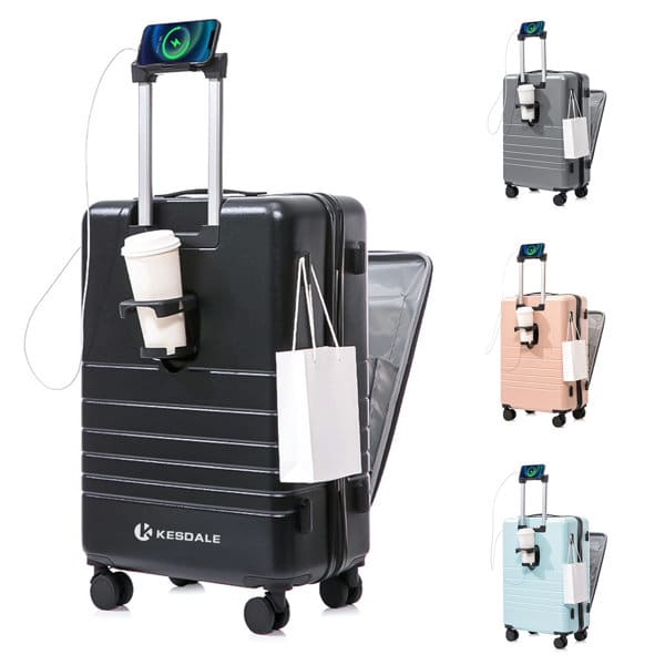 A black 20-inch trolley cabin suitcase with a phone holder and coffee cup, featuring a sleek design. Other colour options visible. 20 Inch Trolley Cabin Suitcase - Image 1