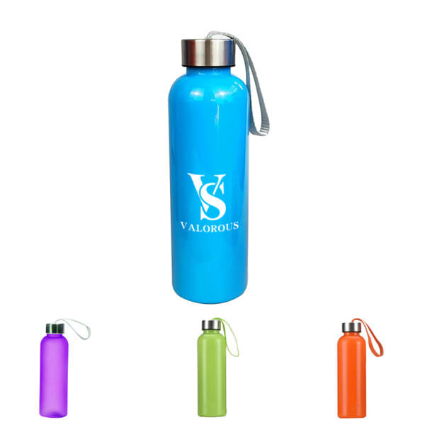 A drink bottle in vibrant blue, featuring a silver lid and a logo, with additional bottles in purple, green, and orange. 34 oz. RPET Outdoor Sports Water Bottle - Image 1