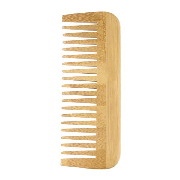 A bamboo wide-tooth comb in a natural wood finish, featuring teeth of varying widths. Bamboo Wide Tooth Comb - Image 1