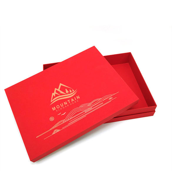A vibrant red custom paper box with a lid, featuring a logo and an interior compartment. Custom Paper Box With Lid - Image 1